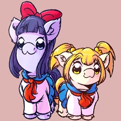 Size: 900x900 | Tagged: safe, artist:witchtaunter, pipimi (pop team epic), popuko (pop team epic), earth pony, equine, fictional species, mammal, pony, feral, friendship is magic, hasbro, my little pony, pop team epic, bottomwear, bow, clothes, crossover, duo, duo female, female, feralized, furrified, mare, ponified, school uniform, skirt, species swap