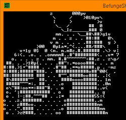 Size: 366x348 | Tagged: safe, artist:darkest hour, bright mac (mlp), pear butter (mlp), earth pony, equine, fictional species, mammal, pony, feral, friendship is magic, hasbro, my little pony, 2017, ascii art, bedroom eyes, befunge, befunge-98, binary image, black and white, black background, clothes, couple, cropped, digital art, duo, female, funge, funge-98, grayscale, hair, hat, lidded eyes, looking at each other, low res, male, mane, mare, monochrome, programming, quine, screenshot, side view, simple background, smiling, stallion, window (computing)