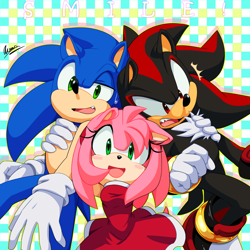 Size: 1000x1000 | Tagged: safe, artist:myly14, amy rose (sonic), shadow the hedgehog (sonic), sonic the hedgehog (sonic), hedgehog, mammal, anthro, sega, sonic the hedgehog (series), 2016, female, group, male, quills, trio