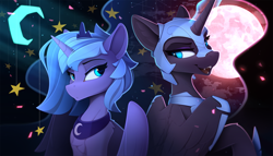 Size: 2300x1320 | Tagged: safe, artist:yakovlev-vad, nightmare moon (mlp), princess luna (mlp), alicorn, equine, fictional species, mammal, pony, feral, friendship is magic, hasbro, my little pony, 2020, armor, black feathers, black fur, crescent moon, crown, duality, duo, duo female, fangs, feathered wings, feathers, female, frowning, fur, hair, helmet, horn, jewelry, looking at each other, looking back, magic aura, mare, moon, necklace, open mouth, peytral, purple feathers, purple fur, regalia, sharp teeth, slit pupils, smiling, tail, teeth, ungulate, wings