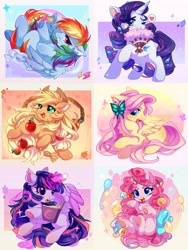 Size: 1536x2048 | Tagged: safe, artist:jficbcpcr6eyujo, artist:千雲九枭, applejack (mlp), fluttershy (mlp), pinkie pie (mlp), rainbow dash (mlp), rarity (mlp), twilight sparkle (mlp), alicorn, earth pony, equine, fictional species, mammal, pegasus, pony, unicorn, feral, friendship is magic, hasbro, my little pony, 2020, book, feathered wings, feathers, female, glowing, glowing horn, happy, horn, mane six (mlp), mare, smiling, tail, telekinesis, wings