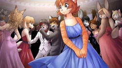 Size: 1024x576 | Tagged: safe, artist:iskra, oc, oc only, oc:vera (iskra), canine, cat, dog, feline, fox, lagomorph, mammal, rabbit, anthro, 16:9, :<, alcohol, blue eyes, clothes, dancing, dress, drink, female, frowning, group, lidded eyes, male, solo focus, suit
