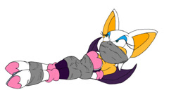 Size: 786x424 | Tagged: safe, artist:merinthos, edit, rouge the bat (sonic), bat, mammal, anthro, sega, sonic the hedgehog (series), 2008, angry, arms behind back, bondage, clothes, color edit, eyelashes, female, lying down, rope, rope bondage, shoes, simple background, solo, solo female, submissive, submissive female, tied up, white background