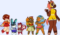Size: 1280x761 | Tagged: safe, artist:effingmayor, dotty (animal crossing), frita (animal crossing), poppy (animal crossing), victoria (animal crossing), wendy (animal crossing), oc, oc:miss mayor (effingmayor), bovid, caprine, equine, horse, human, lagomorph, mammal, rabbit, rodent, sheep, squirrel, anthro, digitigrade anthro, unguligrade anthro, animal crossing, nintendo, 2d, arm hooves, belly button, belly button piercing, bikini top, blush sticker, blushing, bottomwear, bracelet, buckteeth, cap, clothes, cloven hooves, crop top, dot eyes, dress, ewe, eyes closed, female, females only, flower, flower in hair, flower on head, freckles, glasses, group, hair, hair accessory, hand on face, hat, hooves, horns, jewelry, leg band, leotard, looking at you, mare, mask, on one leg, open mouth, paw pads, paws, piercing, racehorse, raised arm, raised hoof, raised leg, round glasses, shirt, shoes, shorts, size difference, skirt, smiling, sneakers, sunglasses, tail, teeth, topwear, waving