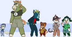 Size: 1280x663 | Tagged: safe, artist:effingmayor, bruce (animal crossing), buck (animal crossing), maple (animal crossing), marcel (animal crossing), marshal (animal crossing), punchy (animal crossing), bear, canine, cat, cervid, deer, dog, equine, feline, horse, mammal, rodent, squirrel, anthro, plantigrade anthro, unguligrade anthro, animal crossing, nintendo, 2d, backwards ballcap, barefoot, baseball cap, belt, blush sticker, bottomwear, bow, brown hair, cap, clothes, crop top, cropped shirt, dot eyes, ear piercing, fangs, female, floppy ears, fur, glasses, gray fur, group, hair, hair bow, hand behind head, hand in pocket, hat, hooves, horns, jacket, jeans, jewelry, lidded eyes, male, mane, necklace, nose piercing, open mouth, pants, paw pads, paws, piercing, raised paw, ripped jeans, round glasses, septum piercing, sharp teeth, shirt, shorts, size difference, smiling, stallion, standing, sunglasses, sweatband, tail, teeth, thick eyebrows, tongue, tongue out, topwear, torn clothes, ungulate, vest, white fur, wristband