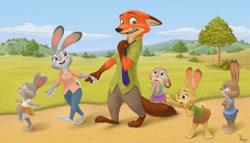 Size: 3239x1851 | Tagged: safe, artist:misterluca, judy hopps (zootopia), nick wilde (zootopia), canine, fox, lagomorph, mammal, rabbit, red fox, anthro, plantigrade anthro, disney, zootopia, blue eyes, bottomwear, brown fur, claws, clothes, crossed arms, eyes closed, female, fence, floppy ears, fluff, fur, grass, gray fur, green eyes, group, hand hold, hand on face, holding, long ears, male, necktie, not amused face, open mouth, orange fur, outdoors, pants, paw pads, paws, purple eyes, raised leg, scenery, shirt, short tail, signature, size difference, skirt, standing, tail, tail fluff, tan fur, teeth, tongue, topwear, tree, walking, young
