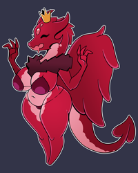 Size: 1000x1250 | Tagged: suggestive, artist:regret everything, dragon princess (towergirls), dragon, fictional species, anthro, cc by-nc-nd, creative commons, towergirls, absolute cleavage, belly button, big breasts, bikini, black outline, blue background, breasts, cleavage, clothes, crown, double outline, dragoness, drooling, eyes closed, female, jewelry, open mouth, raised arms, regalia, saliva, simple background, slightly chubby, solo, solo female, spade tail, spread wings, swimsuit, tail, thick thighs, thighs, white outline, wings