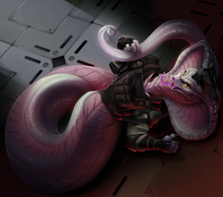 Size: 1500x1325 | Tagged: safe, artist:fivel, torque (x-com), fictional species, reptile, snake, viper (x-com), anthro, naga, x-com, female, forked tongue, lying down, open mouth, solo, solo female, tongue, tongue out