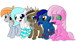 Size: 3180x1754 | Tagged: safe, artist:darkest hour, oc, oc only, oc:arwin, oc:cloudchaser, oc:darkest hour, oc:frosty fortress, oc:spring heart, cervid, deer, earth pony, equine, fictional species, goo creature, mammal, pegasus, pony, feral, friendship is magic, hasbro, my little pony, 2017, antlers, black hair, blue eyes, blue fur, blue hair, body markings, brown fur, brown hair, clothes, cutie mark, derpibooru community collaboration, derpibooru community collaboration 2018, digital art, female, freckles, fur, goo, goo pony, gray fur, gray hair, green eyes, group, hair, hooves, legwear, looking at each other, looking at someone, male, mane, mare, open mouth, orange eyes, orange hair, pink body, pink hair, scarf, simple background, sitting, smiling, socks, stallion, standing, striped clothes, striped legwear, tail, three-quarter view, tongue, transparent background, white fur