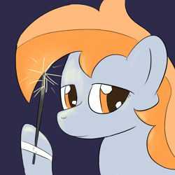 Size: 1280x1280 | Tagged: safe, artist:darkest hour, oc, oc only, oc:darkest hour, earth pony, equine, fictional species, mammal, pony, feral, friendship is magic, hasbro, my little pony, 2018, blue background, digital art, female, fire, fireworks, fur, gray fur, hair, holding, hoof hold, hooves, lidded eyes, looking at you, mane, mare, orange eyes, orange hair, raised hoof, raised leg, rubber band, simple background, smiling, solo, solo female, sparkler, sparkles, sparks, three-quarter view