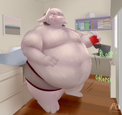 Size: 1280x1213 | Tagged: safe, artist:fattydragonite, bovid, goat, mammal, anthro, belly overhang, big belly, clothes, computer, drink, fat, horns, hyper, laptop, morbidly obese, obese male, overweight male, soda, solo, stomach noise, underwear