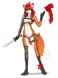 Size: 1505x1997 | Tagged: suggestive, artist:etheross, oc, oc only, canine, fox, mammal, anthro, plantigrade anthro, armor, cameltoe, female, holding object, looking at you, nipple outline, simple background, solo, solo female, sword, unconvincing armor, vixen, weapon, white background