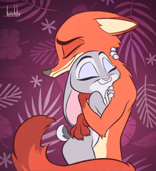 Size: 1000x1100 | Tagged: safe, artist:birchly, judy hopps (zootopia), nick wilde (zootopia), canine, fox, lagomorph, mammal, rabbit, red fox, anthro, disney, zootopia, abstract background, anthro/anthro, claws, cuddling, eyes closed, female, floppy ears, fur, gray body, gray fur, happy, hug, interspecies, male, male/female, naked hug, nudity, orange body, orange fur, purple background, shipping, short tail, signature, simple background, smiling, tail, tan body, tan fur, two toned body, wildehopps (zootopia)