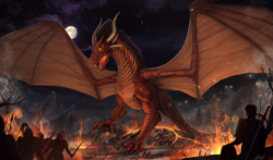 Size: 3193x1878 | Tagged: safe, artist:yakovlev-vad, dragon, fictional species, human, mammal, feral, ambiguous gender, fire, male, moon, shield, spread wings, sword, weapon, wildfire, wings, yellow eyes