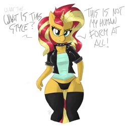 Size: 1200x1200 | Tagged: safe, artist:flutterthrash, sunset shimmer (mlp), equine, fictional species, mammal, pony, unicorn, anthro, friendship is magic, hasbro, my little pony, 2020, anthrofied, choker, clothes, dialogue, female, frowning, green eyes, horn, jacket, legwear, looking at you, mare, panties, simple background, solo, solo female, spiked choker, stockings, tail, talking, topwear, unamused, underwear, white background