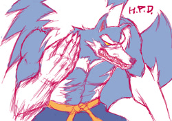 Size: 561x396 | Tagged: safe, artist:keiryu, jon talbain (darkstalkers), canine, mammal, wolf, anthro, capcom, darkstalkers, 2008, abs, bottomwear, clothes, male, muscles, partial nudity, sharp teeth, shorts, simple background, solo, solo male, teeth, topless, white background