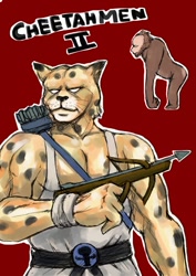 Size: 620x876 | Tagged: safe, artist:keiryu, cheetah, feline, mammal, monkey, anthro, 2008, arrow, belt, cheetahman (character), clothes, crossbow, english text, male, quiver, red background, simple background, solo, solo male, text, weapon, white eyes