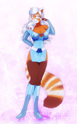 Size: 797x1280 | Tagged: safe, artist:scorpdk, mammal, red panda, anthro, boots, breasts, cleavage, clothes, female, fingerless gloves, gloves, gray eyes, long gloves, looking at you, shoes, smiling, solo, solo female