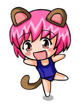 Size: 162x204 | Tagged: safe, artist:keiryu, cat, feline, mammal, humanoid, 2008, :d, blush sticker, chibi, clothes, female, low res, non-animated gif, one-piece swimsuit, open mouth, simple background, smiling, solo, solo female, swimsuit, tail, white background