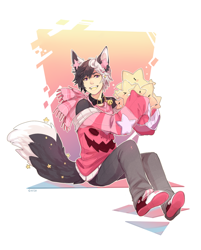 Size: 876x1089 | Tagged: safe, artist:ayshun, animal humanoid, cat, feline, fictional species, mammal, humanoid, bell collar, bottomwear, clothes, collar, fangs, male, pants, purple eyes, scarf, sharp teeth, smiling, sneakers, solo, solo male, star, sweater, teeth, topwear