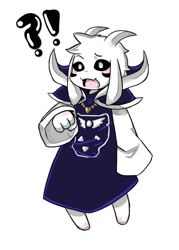 Size: 500x700 | Tagged: dead source, safe, alternate version, artist:lfer, asriel dreemurr (undertale), bovid, goat, mammal, anthro, undertale, 2016, blushing, clothes, exclamation point, horns, interrobang, male, open mouth, question mark, simple background, solo, solo male, surprised, white background, white eyes