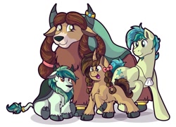 Size: 1052x759 | Tagged: safe, artist:moonlightfan, sandbar (mlp), yona (mlp), earth pony, equine, fictional species, hybrid, mammal, pony, yak, feral, friendship is magic, hasbro, my little pony, colt, family, father, father and child, female, filly, foal, group, interspecies offspring, male, male/female, mother, mother and child, offspring, older, parent:sandbar (mlp), parent:yona (mlp), shipping, stallion, yak pony, yonabar (mlp), young