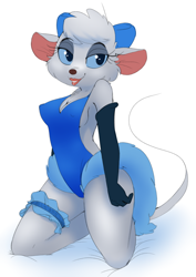 Size: 968x1367 | Tagged: suggestive, artist:mcsweezys, miss kitty (the great mouse detective), mammal, mouse, rodent, anthro, disney, the great mouse detective, backless, bedroom eyes, bow, breasts, cheek fluff, chest fluff, cleavage, clothes, evening gloves, eyeshadow, female, fluff, garter, gloves, hair bow, kneeling, leotard, lipstick, long gloves, looking at you, makeup, nipple outline, simple background, smiling, solo, solo female, tail, white background