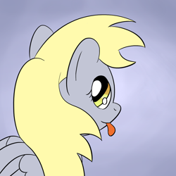Size: 1280x1280 | Tagged: safe, artist:darkest hour, derpy hooves (mlp), equine, fictional species, mammal, pegasus, pony, feral, friendship is magic, hasbro, my little pony, 2018, digital art, female, folded wings, fur, gray background, gray fur, hair, looking at you, looking back, looking back at you, mane, mare, silly, simple background, smiling, solo, solo female, three-quarter view, tongue, tongue out, wings, yellow eyes, yellow hair