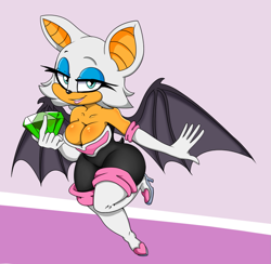 Size: 855x834 | Tagged: safe, artist:digitaldomain123, artist:mcsweezys, edit, rouge the bat (sonic), bat, mammal, anthro, plantigrade anthro, sega, sonic the hedgehog (series), bat wings, boots, breasts, chaos emerald, cleavage, clothes, color edit, female, gloves, high heel boots, holding object, leotard, lidded eyes, lipstick, long gloves, looking at you, makeup, shoes, shoulderless, simple background, smiling, solo, solo female, spread wings, tail, webbed wings, white background, wide hips, wings