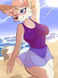 Size: 3000x4000 | Tagged: safe, artist:englamu, whitney (animal crossing), canine, mammal, wolf, anthro, animal crossing, nintendo, 2020, beach, big breasts, blushing, breasts, cheek fluff, clothes, female, fluff, hand behind head, hat, ocean, one eye closed, one-piece swimsuit, sarong, see-through, solo, solo female, swimsuit, tail, water