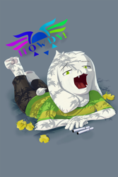 Size: 2000x3000 | Tagged: safe, artist:madgehog, asriel dreemurr (undertale), bovid, demon, fictional species, goat, mammal, monster, anthro, undertale, cute, gray background, high res, lying down, lying on stomach, male, open mouth, prone, shaded, simple background, solo, solo male, yawning