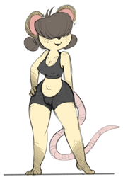 Size: 1010x1455 | Tagged: suggestive, artist:mcsweezys, oc, oc only, oc:pepper (mcsweezys), mammal, mouse, rodent, anthro, belly button, bottomwear, breast freckles, breasts, cameltoe, cleavage, clothes, crop top, female, freckles, hair, hair over eyes, hand on hip, hip freckles, lipstick, makeup, midriff, nipple outline, shorts, shoulder freckles, simple background, smiling, solo, solo female, tail, topwear, white background