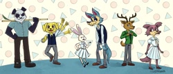 Size: 2048x884 | Tagged: safe, artist:trashcamell, gouhin (beastars), haru (beastars), jack (beastars), juno (beastars), legoshi (beastars), louis (beastars), bear, canine, cervid, deer, dog, lagomorph, mammal, panda, rabbit, wolf, anthro, beastars, abstract background, amber eyes, antlers, bamboo, big ears, black fur, blue fur, brown eyes, brown fur, cheek fluff, claw marks, clothes, cream body, cream fur, dress, ears, elbow fluff, fangs, female, floppy ears, fluff, fur, jacket, lidded eyes, looking at each other, male, muscles, necktie, scar, school uniform, sharp teeth, shirt, shoes, signature, size difference, smiling, standing, sweater, tail, tail fluff, teeth, topwear, waving, white fur, yellow fur