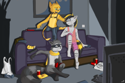 Size: 3000x2000 | Tagged: safe, artist:madgehog, ratchet (r&c), oc, fictional species, mammal, procyonid, raccoon, anthro, playstation, ratchet & clank, sly cooper (series), sony, couch, high res, request art, television, video game