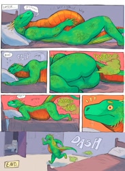 Size: 939x1280 | Tagged: suggestive, artist:934, lizard, reptile, anthro, feral, comic:snacktime (934), bed, butt, comic, desperation, dialogue, digestion, disposal, eyes closed, fart, size difference, sleeping, solo, talking, throat bulge, toilet, vore