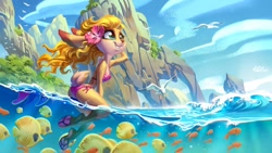Size: 1280x722 | Tagged: safe, artist:holivi, jerboa, mammal, rodent, anthro, ambient bird, ambient fish, ambient wildlife, breasts, clothes, female, island, ocean, paw pads, paws, scenery, scenery porn, solo, solo female, swimsuit, underpaw, water
