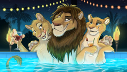 Size: 1500x844 | Tagged: safe, artist:tanidareal, simba (the lion king), big cat, feline, lion, mammal, feral, disney, the lion king, alcohol, cocktail, drink, female, group, harem, lioness, male, pimp, pool, torch, trio, water
