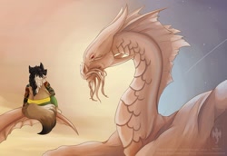 Size: 1280x879 | Tagged: safe, artist:alumarmor, canine, dragon, fictional species, mammal, reptile, scaled dragon, wyvern, anthro, feral, ambiguous gender, duo