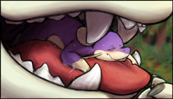 Size: 1074x616 | Tagged: species needed, suggestive, artist:rasterdreams, ambiguous species, fictional species, mammal, rattata, rodent, ambiguous form, feral, nintendo, pokémon, ambiguous gender, bust, duo, lidded eyes, mawplay, mawshot, open mouth, oral vore, saliva, size difference, solo focus, vore