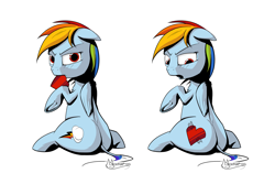 Size: 3000x2000 | Tagged: safe, artist:madgehog, rainbow dash (mlp), equine, fictional species, mammal, pegasus, pony, feral, friendship is magic, hasbro, my little pony, blushing, butt, colored, female, heart, high res, holiday, love heart, mare, shocked, solo, solo female, stick, sticker, valentine's day