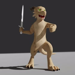 Size: 1600x1600 | Tagged: safe, artist:moemneop, oc, oc:neop, fictional species, kobold, reptile, semi-anthro, 3d, claws, green eyes, horn, male, open mouth, shouting, solo, solo male, sword, tail, weapon