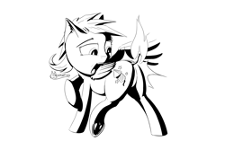 Size: 3000x2000 | Tagged: safe, artist:madgehog, oc, oc:spitdevil, equine, fictional species, mammal, pegasus, pony, feral, friendship is magic, hasbro, my little pony, fire, grayscale, high res, hooves, line art, looking back, monochrome, shocked, solo, tail, underhoof, wings