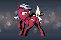 Size: 3000x2000 | Tagged: safe, artist:madgehog, oc, oc:spitdevil, equine, fictional species, mammal, pegasus, pony, feral, friendship is magic, hasbro, my little pony, butt, colored, female, fire, high res, hooves, mare, shocked, solo, solo female, tail, underhoof, wings