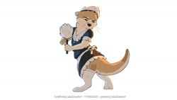 Size: 1280x720 | Tagged: safe, artist:letodoesart, oc, oc only, oc:pebble (letodoesart), mammal, mustelid, otter, anthro, digitigrade anthro, 16:9, alternate design, clothes, crossdressing, duster, fur, legwear, maid outfit, male, socks, solo, solo male, standing, tail, tan fur, thigh highs, whiskers