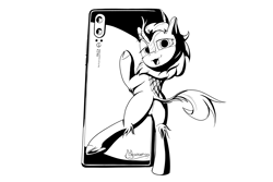 Size: 3000x2000 | Tagged: safe, artist:madgehog, oc, equine, fictional species, kirin, mammal, feral, friendship is magic, hasbro, my little pony, cell phone, female, grayscale, high res, hooves, line art, looking at you, monochrome, phone, smartphone, solo, solo female, spread legs, underhoof