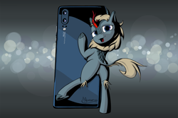 Size: 3000x2000 | Tagged: safe, artist:madgehog, oc, equine, fictional species, kirin, mammal, feral, friendship is magic, hasbro, my little pony, cell phone, colored, female, high res, hooves, looking at you, phone, smartphone, solo, solo female, spread legs, underhoof