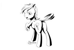 Size: 3000x2000 | Tagged: safe, artist:madgehog, rainbow dash (mlp), equine, fictional species, mammal, pegasus, pony, feral, friendship is magic, hasbro, my little pony, blushing, butt, grayscale, high res, hooves, line art, looking at you, looking back, monochrome, solo, tail, underhoof