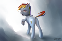 Size: 3000x2000 | Tagged: safe, artist:madgehog, rainbow dash (mlp), equine, fictional species, mammal, pegasus, pony, feral, friendship is magic, hasbro, my little pony, blue body, blue fur, blue skin, blushing, butt, colored, female, fur, high res, hooves, looking at you, looking back, raised leg, red eyes, solo, solo female, tail, underhoof