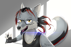 Size: 3000x2000 | Tagged: safe, artist:madgehog, oc, canine, fox, mammal, anthro, clothes, fur, glasses, gray fur, happy, high res, looking at you, male, open mouth, shirt, solo, solo male, tail, topwear, undershirt, wacom stylus