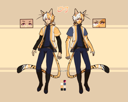 Size: 1075x859 | Tagged: safe, artist:ayshun, animal humanoid, cat, feline, fictional species, mammal, humanoid, :<, boots, clothes, frowning, jacket, male, purple eyes, shoes, solo, solo male, topwear
